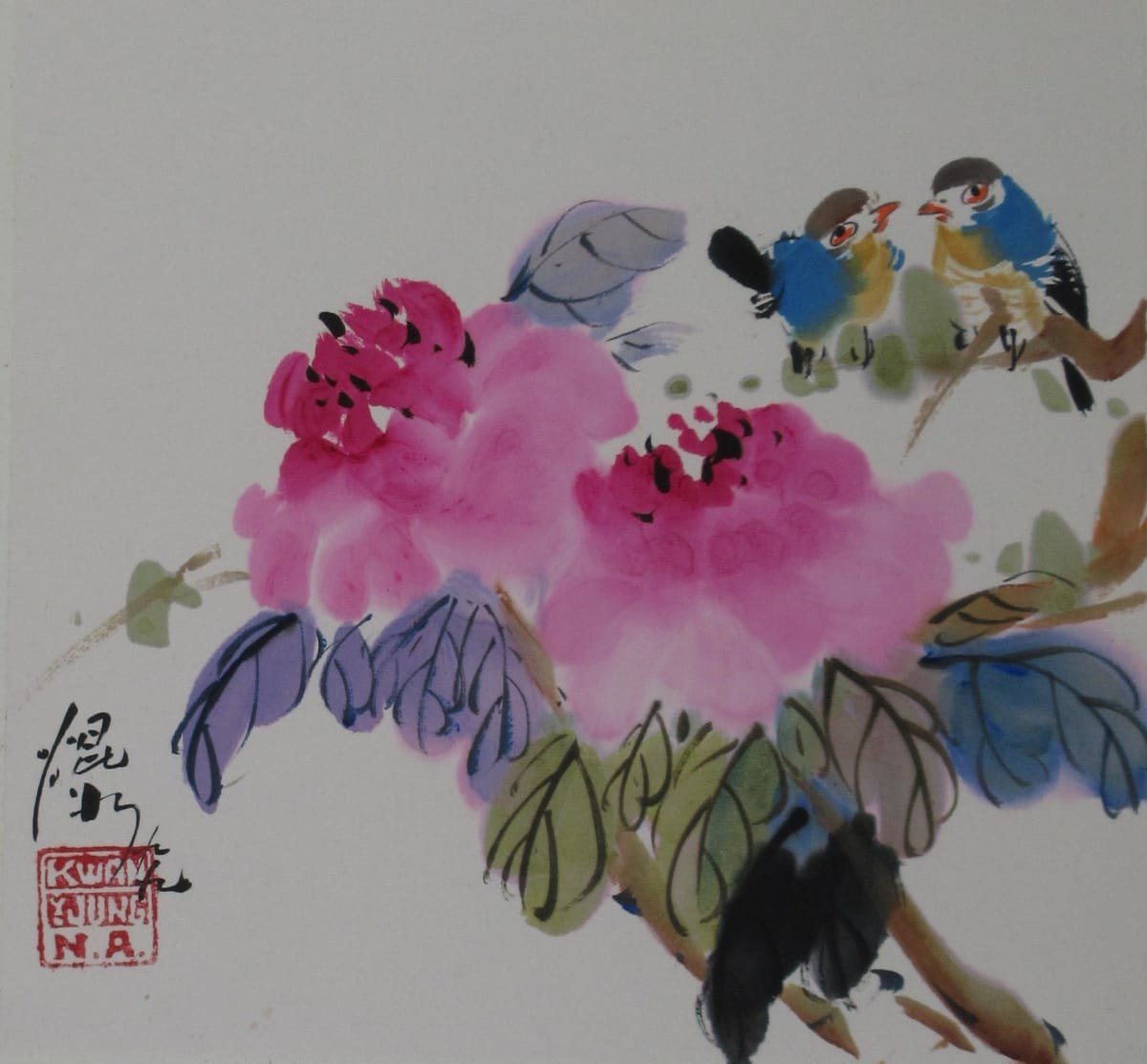 Peony with Blue Birds by Kwan Y. Jung 