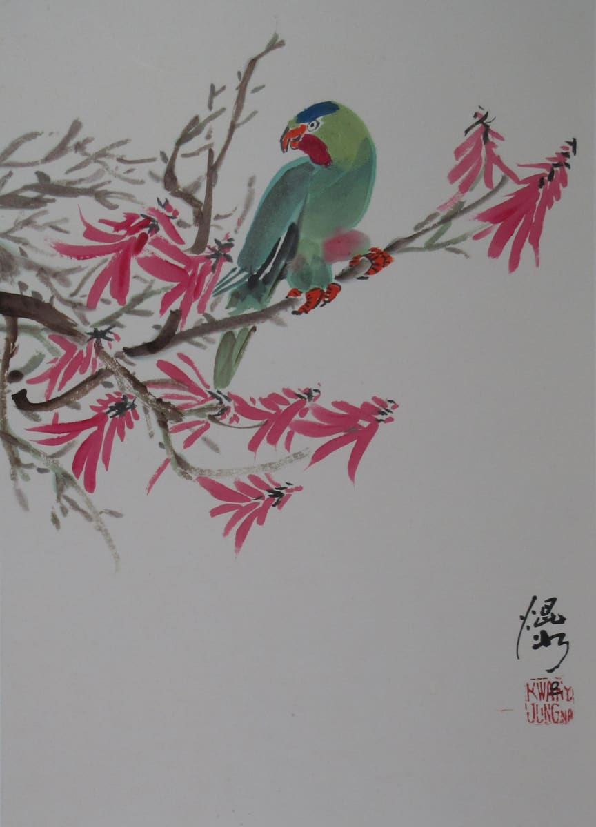 Blue Crowned Lory and Coral Tree by Kwan Y. Jung 