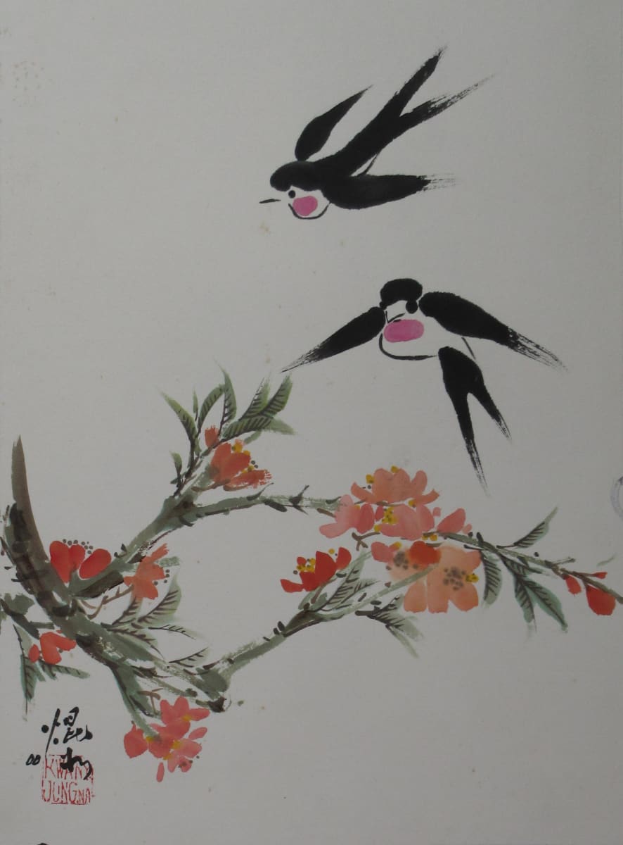 Swallow Bird and Peach Flower by Kwan Y. Jung 