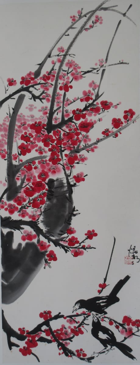 Red Plum Blossum and Magpies by Kwan Y. Jung 