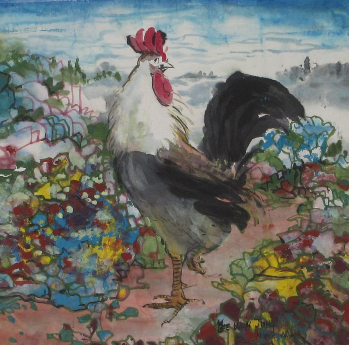 Rooster Eyeing Flowers by Yee Wah Jung 