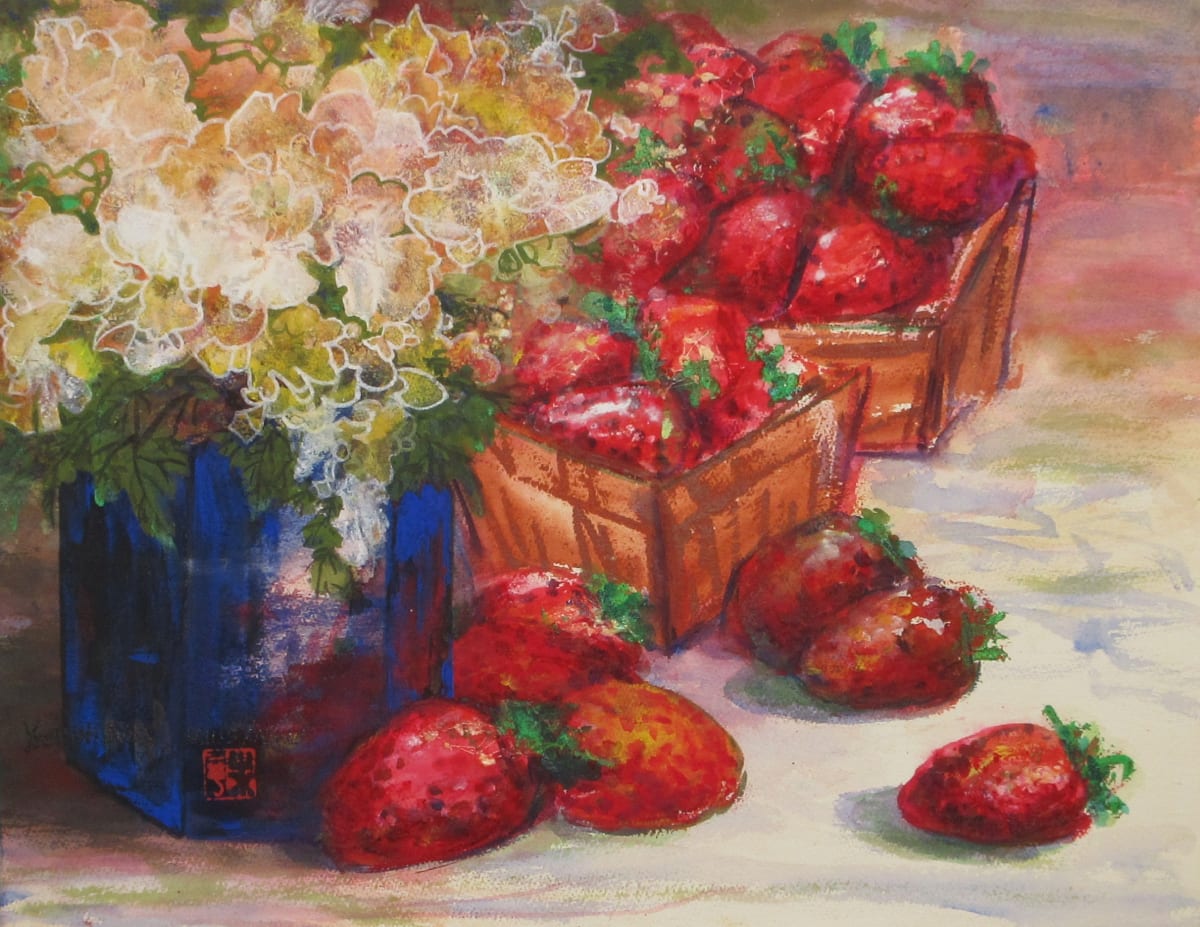 Still Life Study - Flowers and Strawberries by Yee Wah Jung 