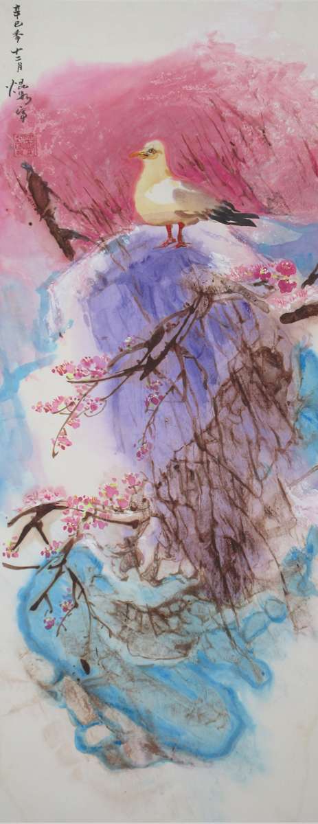 Red Plum Blossum and Seagull by Kwan Y. Jung, Image 1.