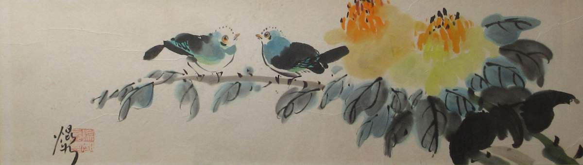 Two Blue Birds and Two Peonies by Kwan Y. Jung 