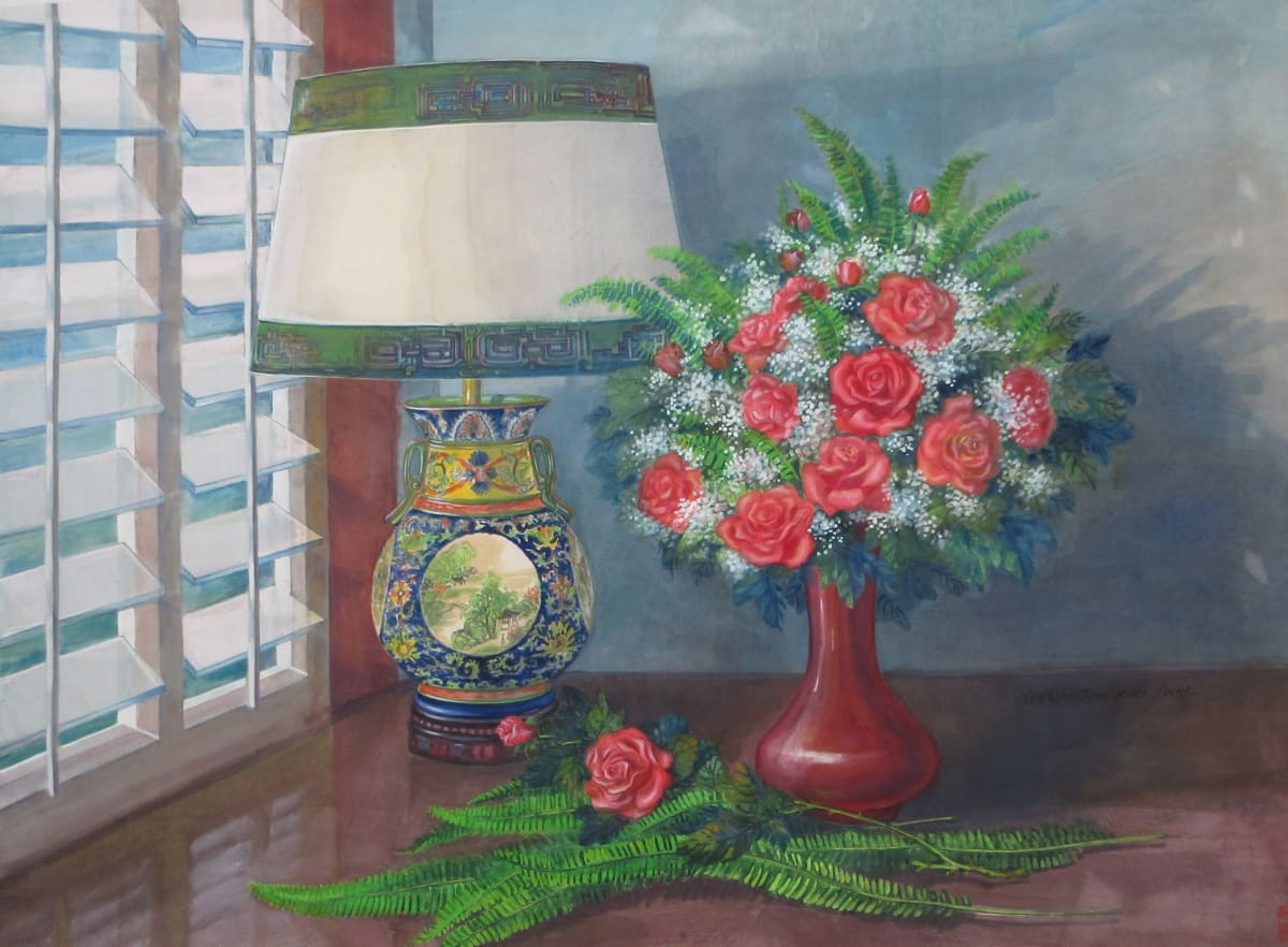 Porcelain Lamp and roses by Yee Wah Jung, Image 1.