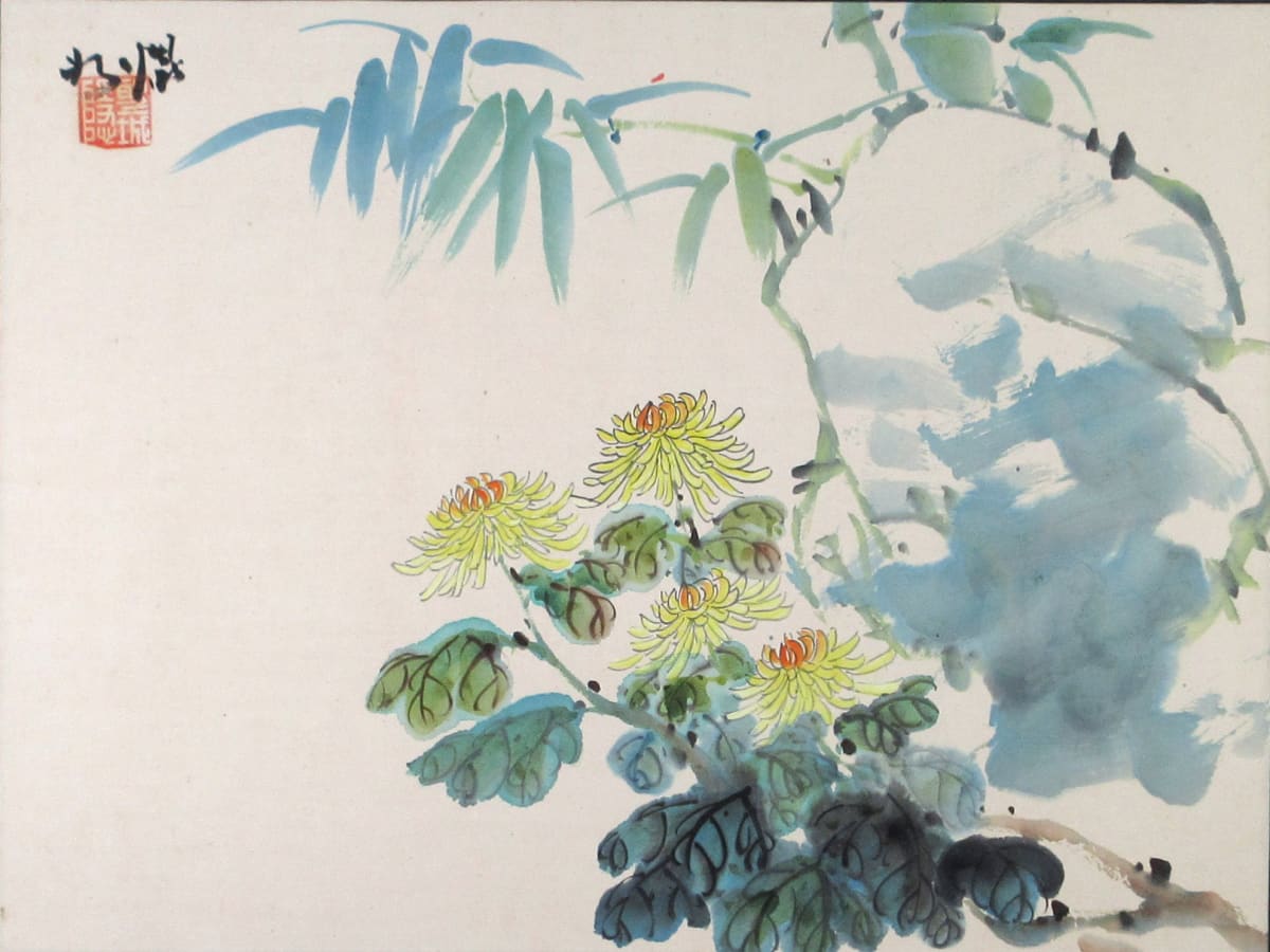 Blue Bamboo and Yellow Chyrsanthemums by Kwan Y. Jung 