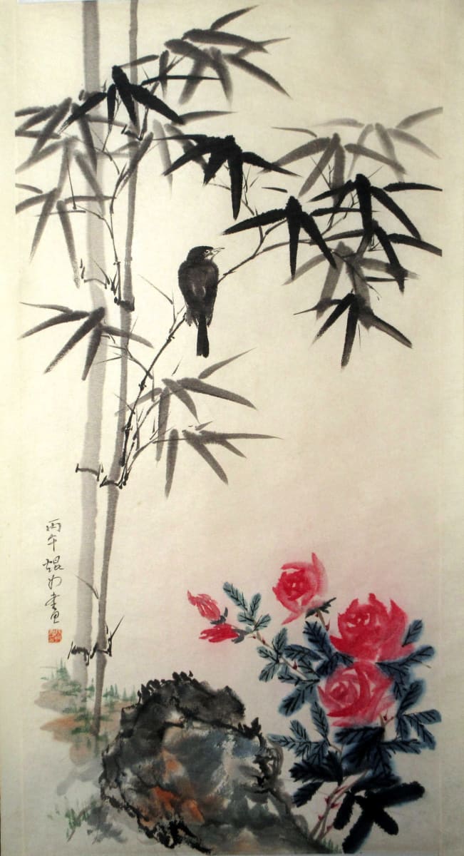 Blackbird, Bamboo and Roses by Kwan Y. Jung 