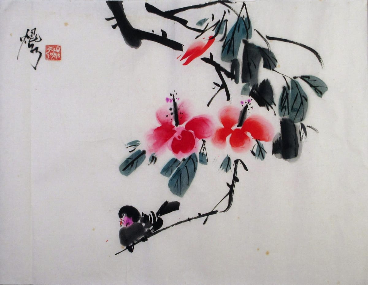 Bird Under Hibiscus by Kwan Y. Jung 