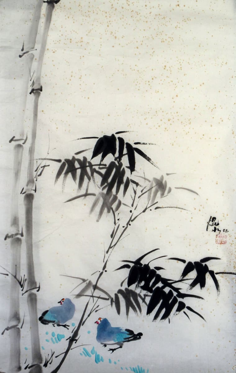 Two Blue Birds and Bamboo by Kwan Y. Jung 