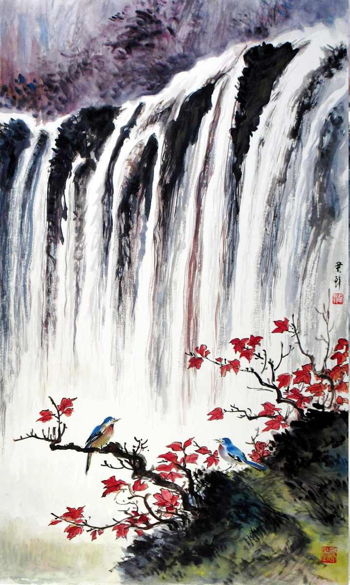 Birds, Red Leaves and Waterfall by Not Identified, Image 1.