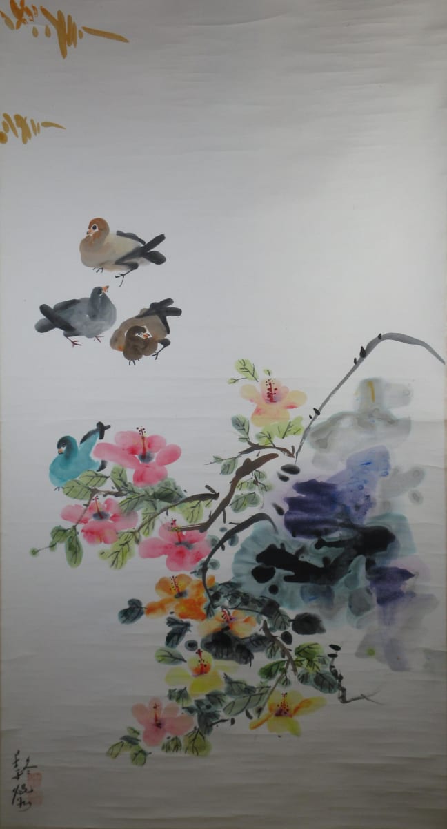 Pigeons and Hibiscus by Kwan Y. Jung 