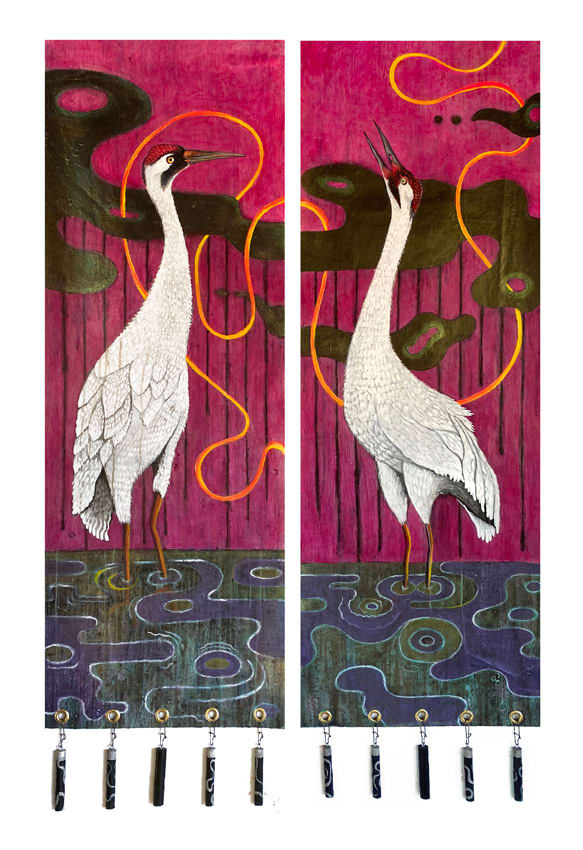 Whooping Cranes by Sarah Stone  Image: Diptych two whooping cranes in dystopian environment, metallic and tone shift acrylic on pellon.