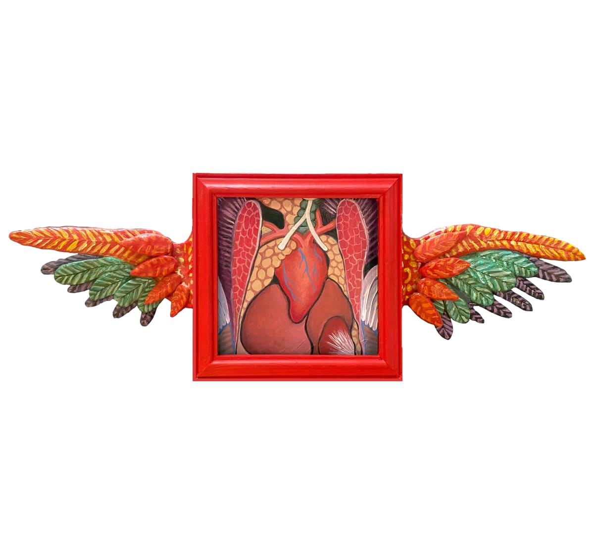Wishbone by Sarah Stone  Image: 7" x 7" frame w assemblage wings, acrylic on wood painting