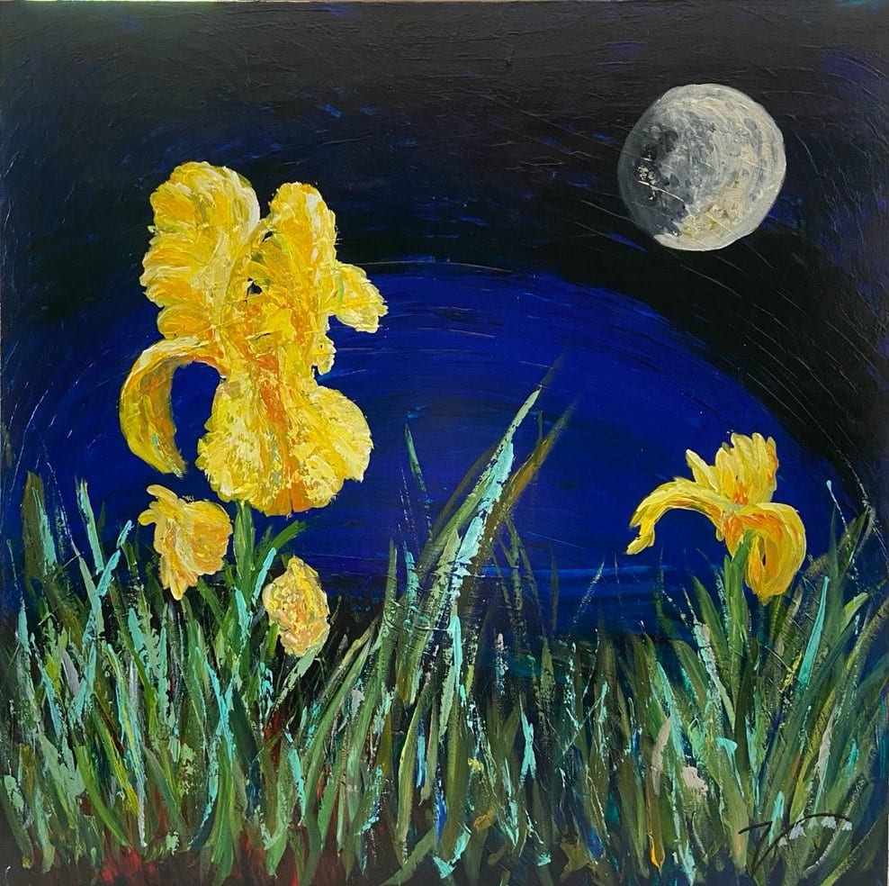 Full Moon Iris  Image: The show piece of the Iris Collection. Textural painting of amazing iris in grasses. The full moon shines overhead. 