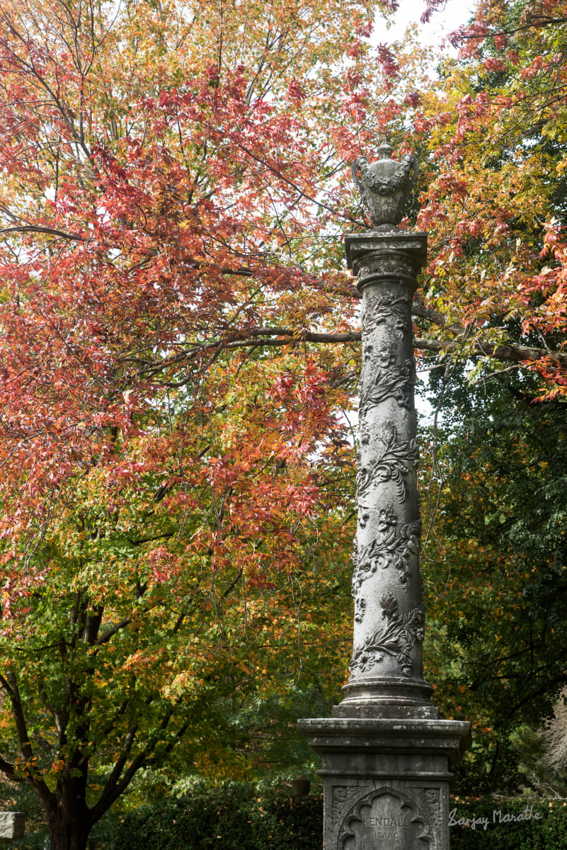 Requiem, Mount Auburn, Cambridge, MA (2021) by Sanjay Marathe  Image: I photographed a tranquil moment at the 1831 CE Mount Auburn cemetery, a serene sanctuary with exquisite landscape design, in Cambridge, Massachusetts, USA. The fall colors of brown, red and green complement the floral vine carved on the stone pillar.