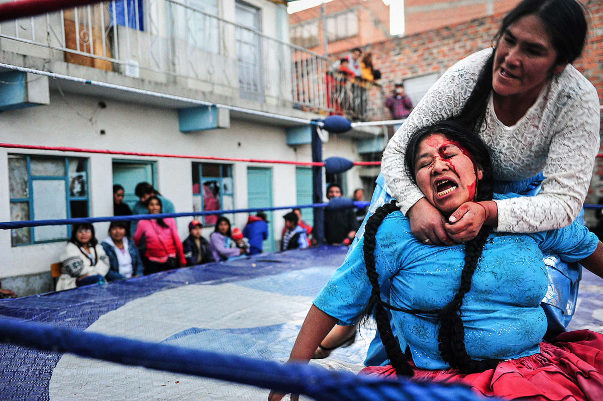 Untitled  Image: Julia holding Carmen Rosa in a choke-hold during a performance.