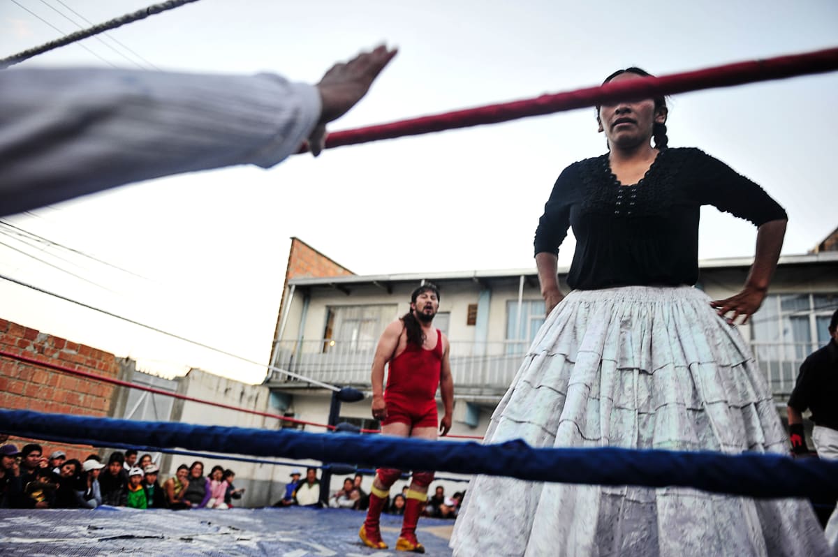 Untitled  Image: Benita la Intocable on the ring with a luchador.