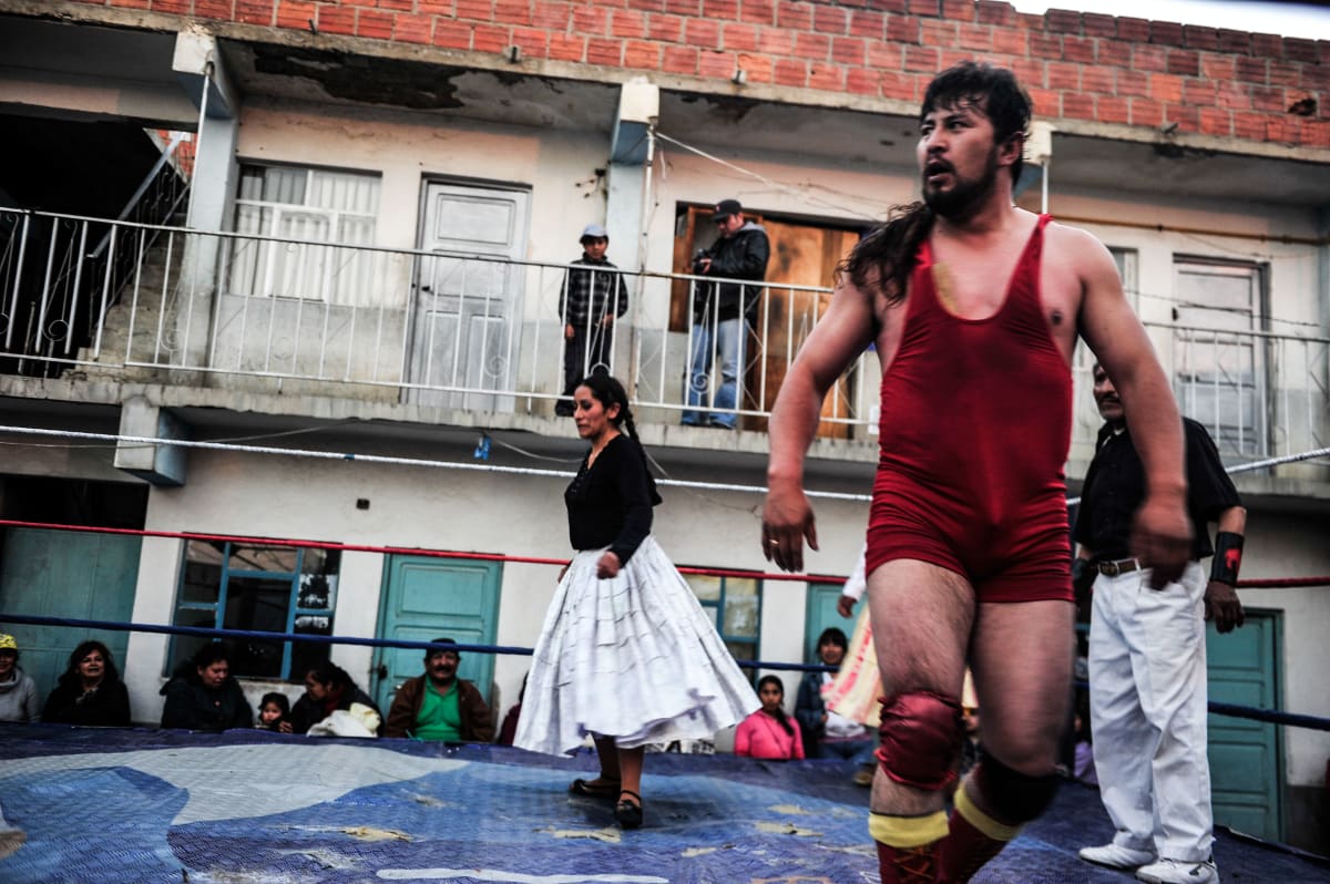 Untitled  Image: Benita la Intocable and a Luchador during a show.