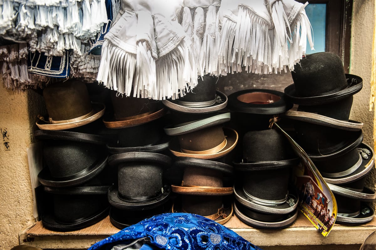 Untitled (Cholita Hats)  Image: A pile of cholita hats in a "Pollerias" shop in La Paz.