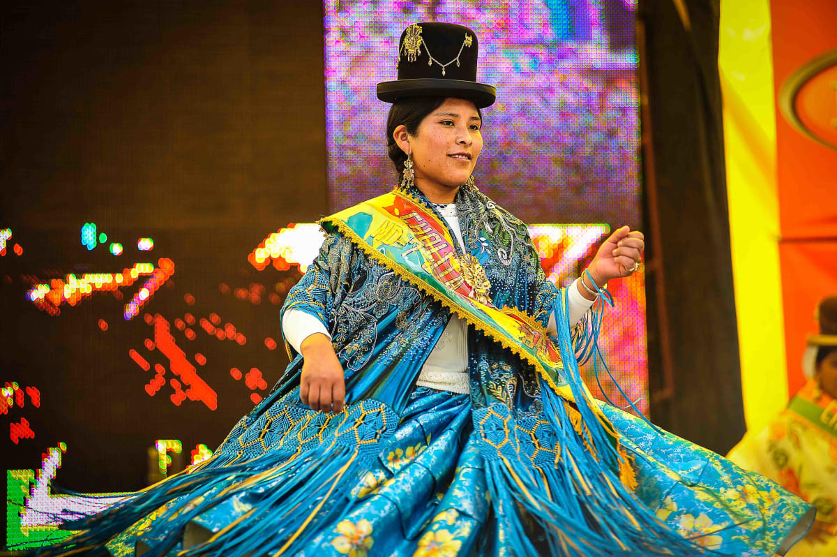 Untitled  Image: A cholita dancing the morenada during the event of Miss Cholita 2010.