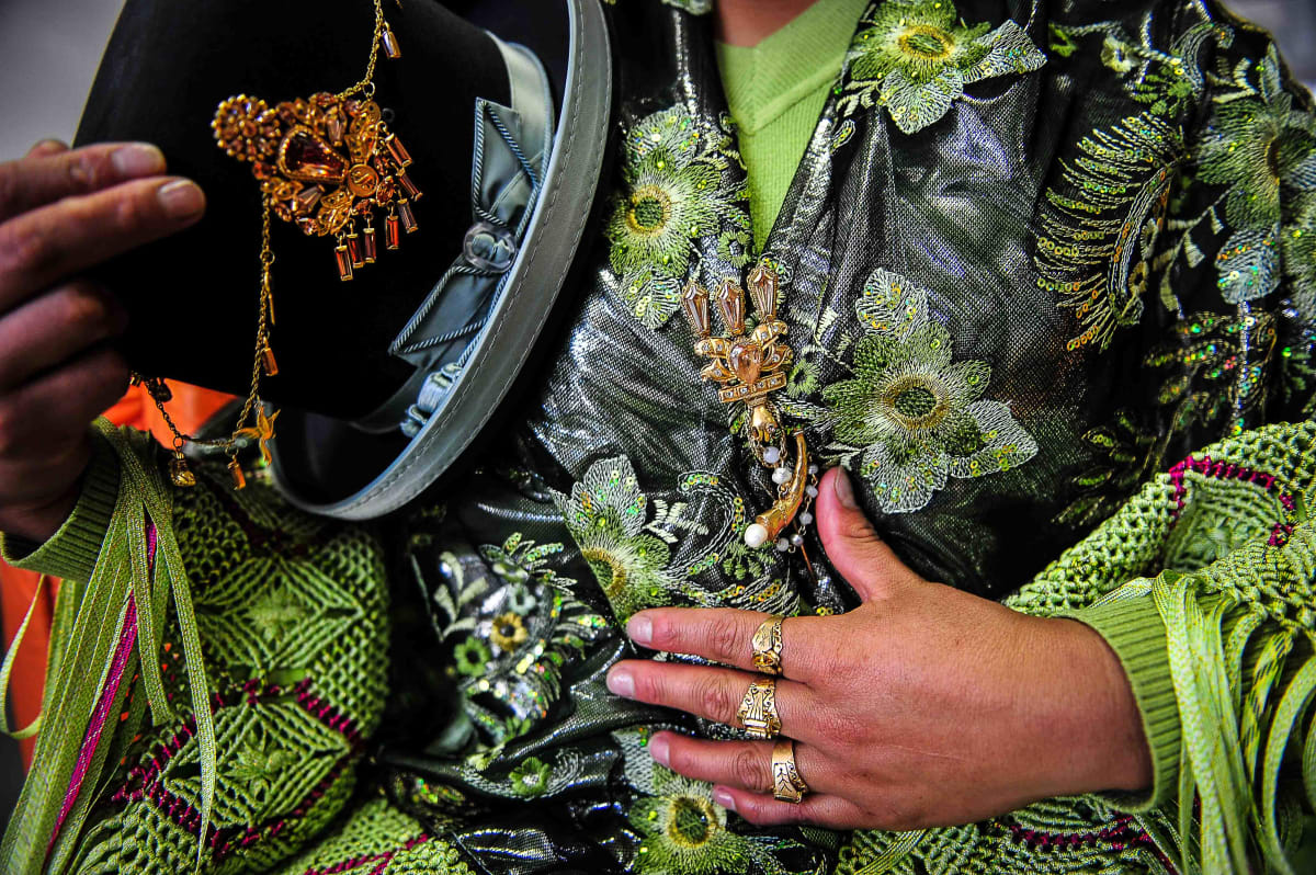 Untitled (Embroidered Details)  Image: Details of the embroidery of the mantle and hat of a traditionally dressed Cholita.