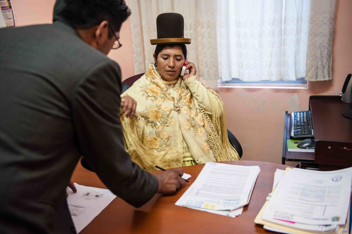 Untitled (Cholitas in Politics #3)  Image: A cholita, part of the team of president Evo Morales. 