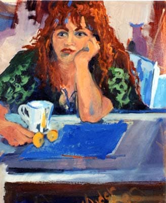EARLY MORNING BLUE  Image: Girl setting at a table with a cup of coffee hand on cheek