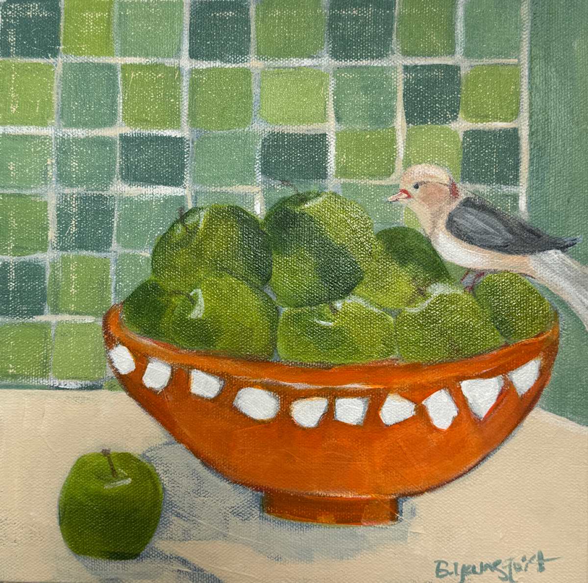 Bird with Bowl of Apples by Bernadette Youngquist 