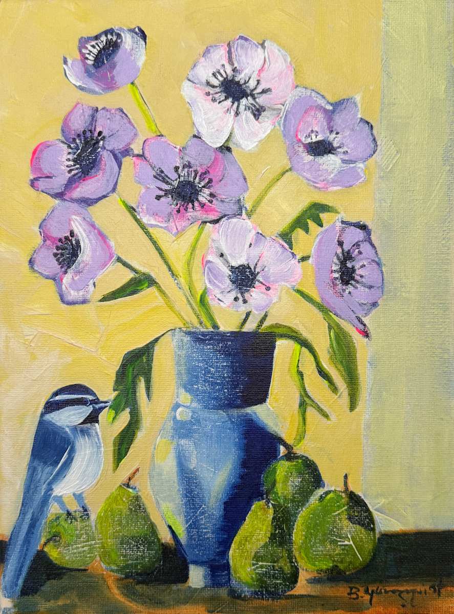 Still Life Anemones with Bird by Bernadette Youngquist 