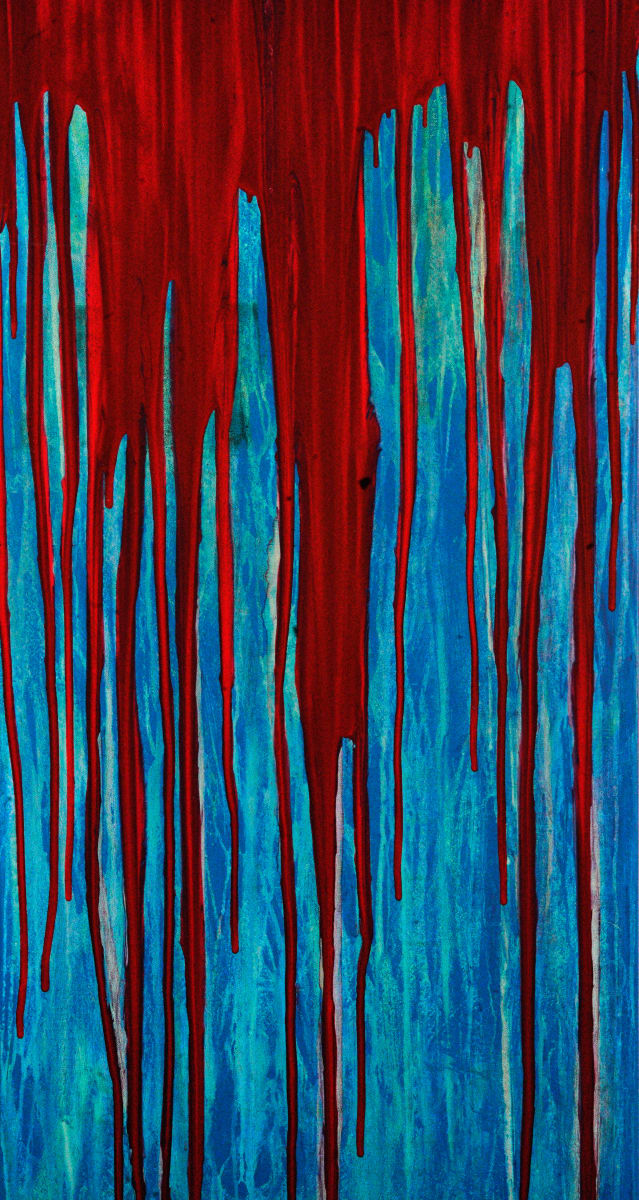 Crimson Cascade by Will Schmahl  Image: 
Vivid streaks of deep crimson bleed down into an expanse of textured blue, creating a dramatic contrast that feels both raw and deliberate. 