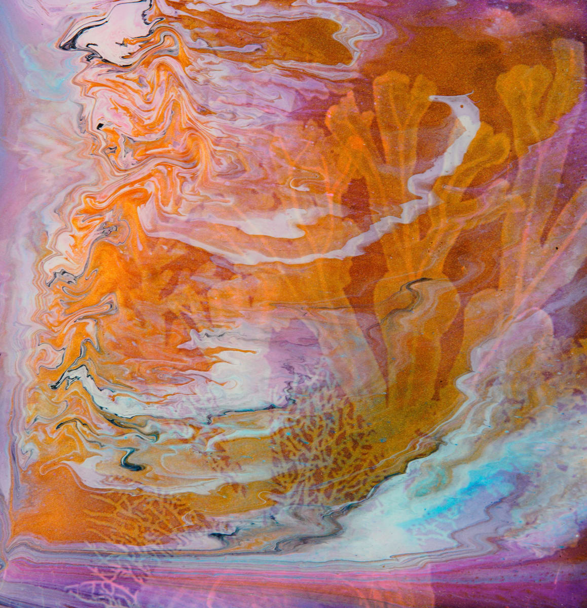 Flames of the Horizon by Will Schmahl  Image: This captivating abstract painting swirls with warm hues of orange, amber, and magenta, resembling the radiant glow of a setting sun igniting the sky. 