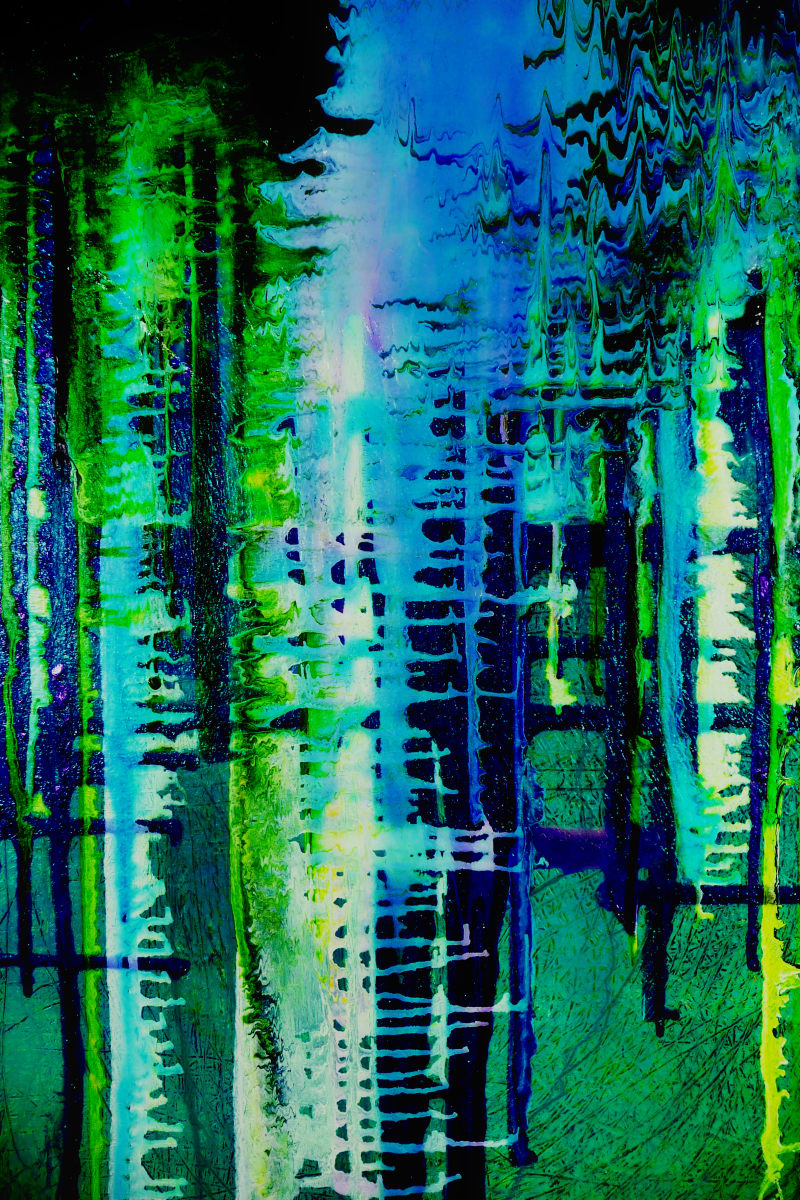 Echoes of the Deep by Will Schmahl  Image: Immersive and fluid, “Echoes of the Deep” evokes the mystery of an underwater dreamscape or a neon-lit forest reflected in rippling waters. Vertical streaks of electric blues, lush greens, and deep teals cascade through the composition, resembling distorted reflections or glowing aquatic reeds swaying beneath the surface.
