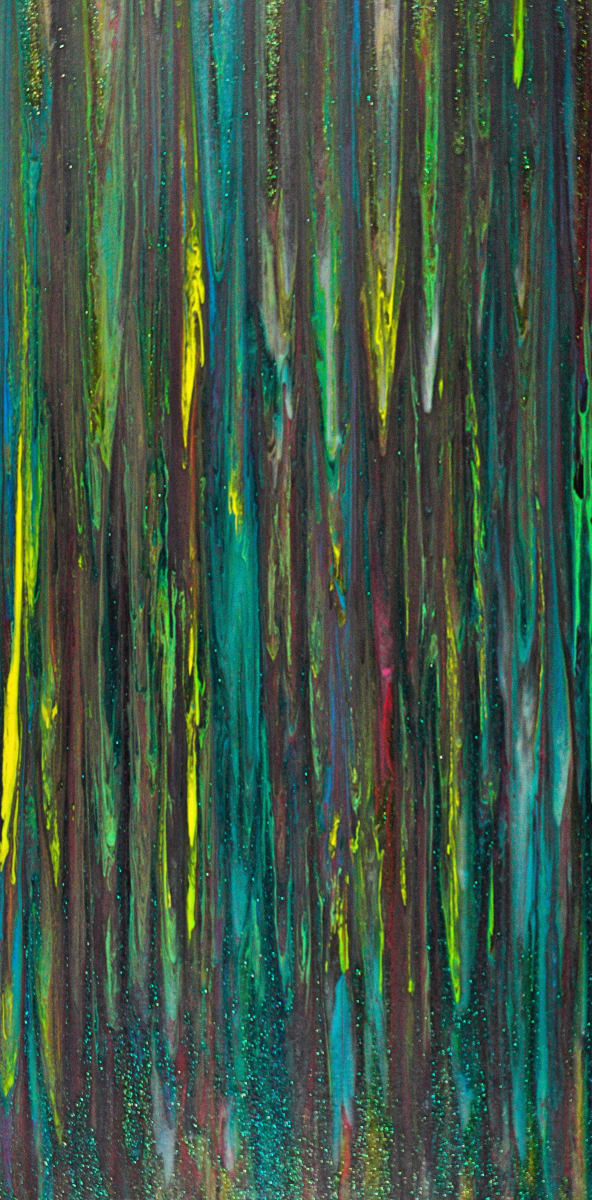 Forest Light by Will Schmahl  Image: This piece immerses the viewer in a cascading flow of color, evoking the sensation of rain against a dense forest or light filtering through overgrown vines. 