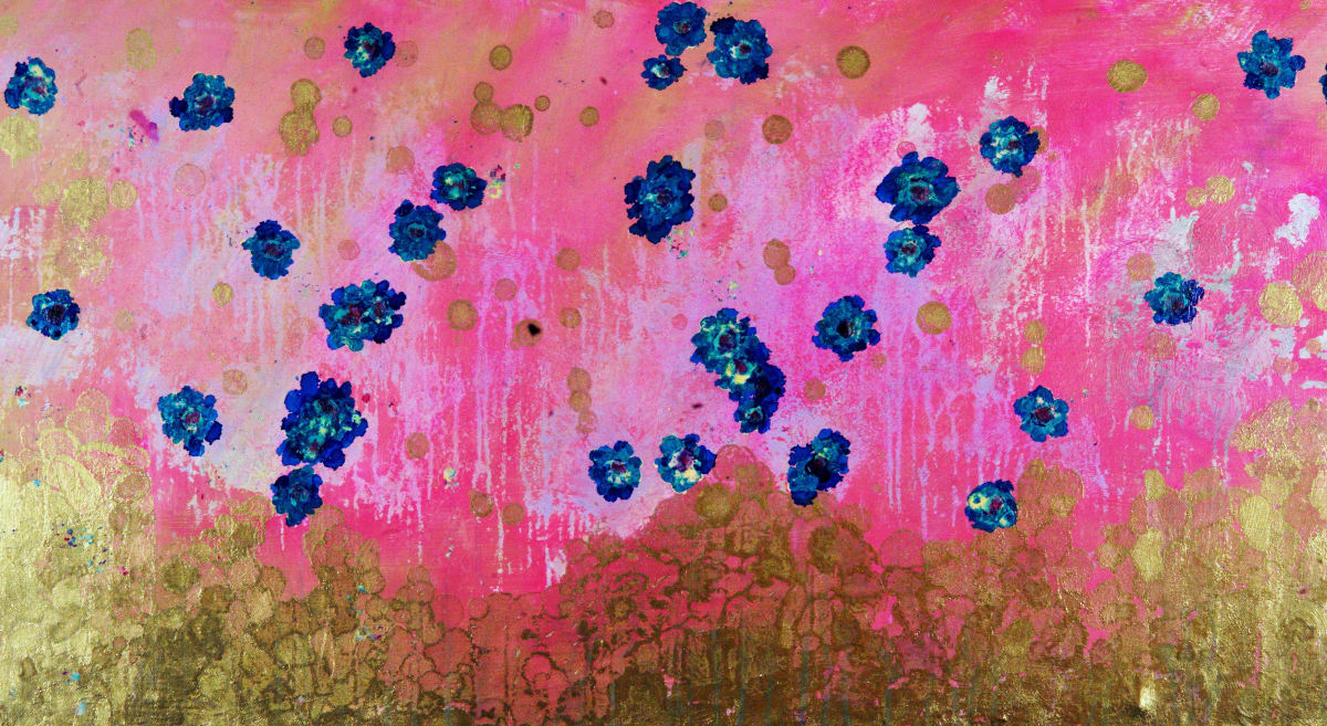 Golden Bloom by Will Schmahl  Image: A radiant fusion of vibrant pinks, shimmering gold, and deep sapphire blues, this abstract piece evokes the feeling of a luxurious floral dreamscape. 