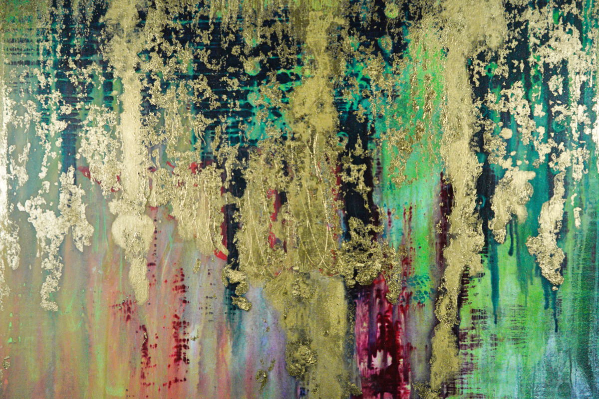 Gilded Mirage by Will Schmahl  Image: A mesmerizing interplay of texture and color, “Gilded Mirage” exudes both luxury and mystery. Cascading streaks of deep greens, purples, and muted earth tones create a dreamlike, ethereal lands