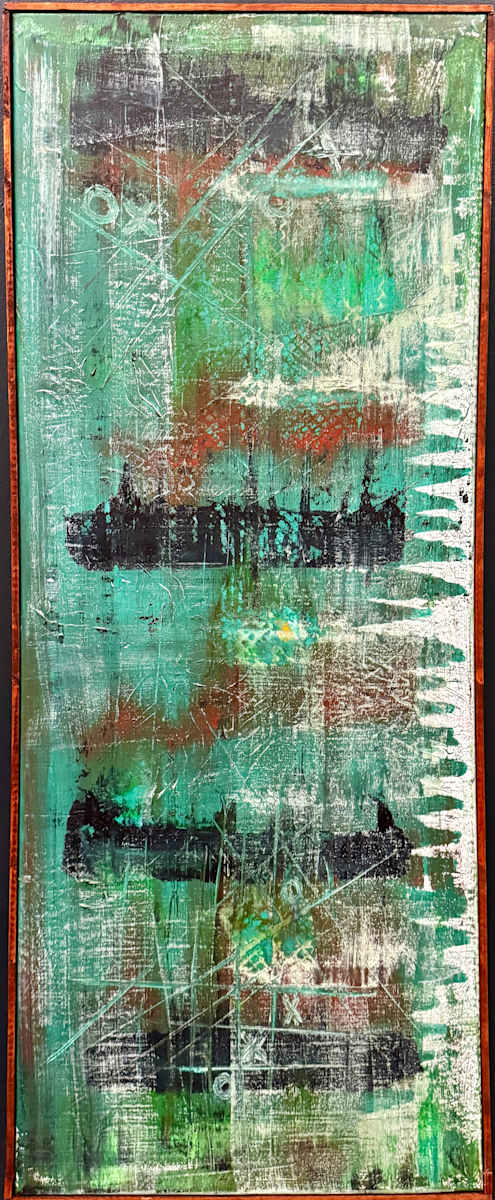 Fragmented Harmony by Will Schmahl  Image: A vertical composition featuring a palette of greens and blues juxtaposed with black linear patterns. The structured yet fluid interplay of these colors creates a sense of balance amid disarray, resembling the process of rebuilding and restructuring amidst chaos.