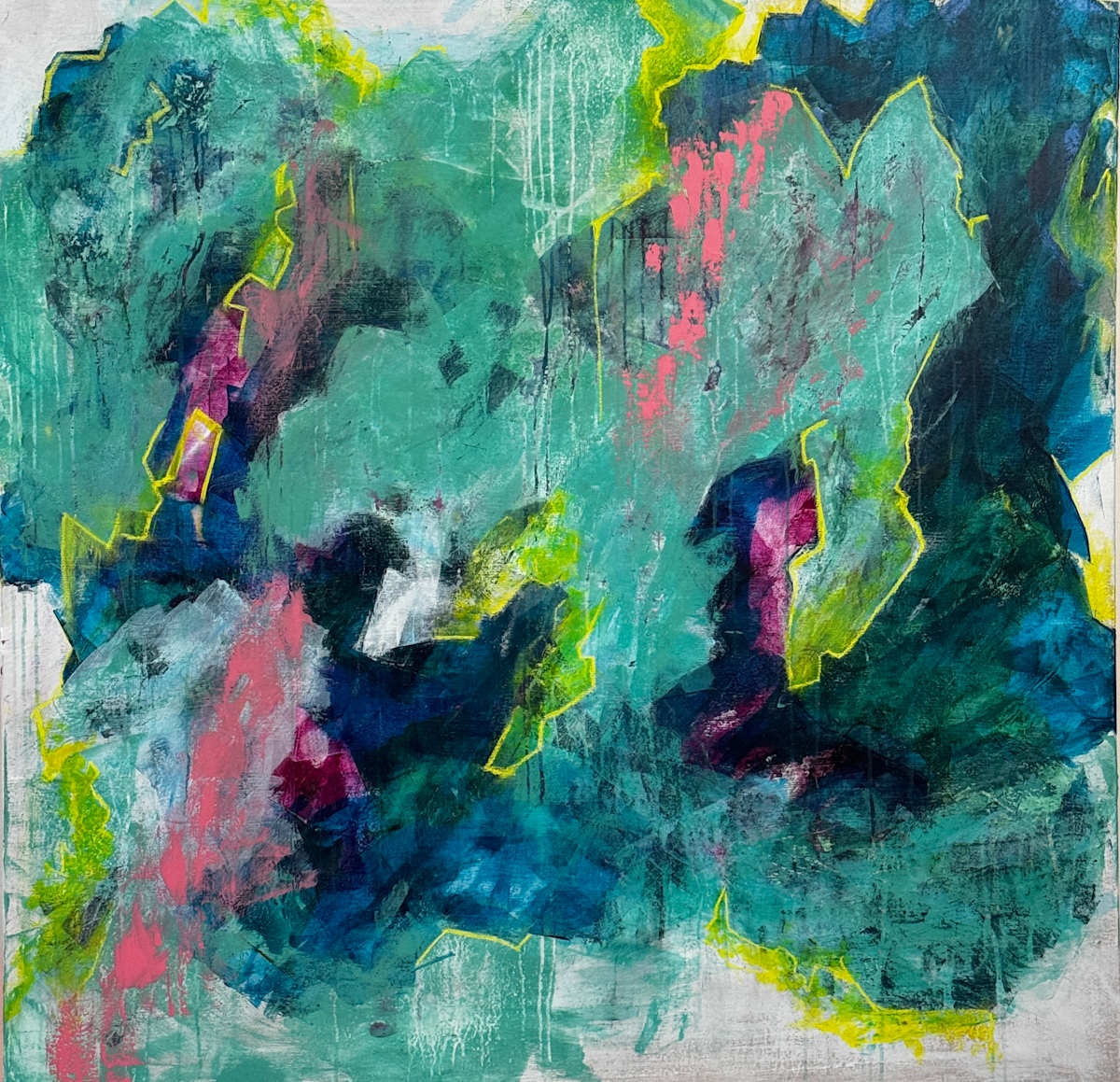 Electric Currents by Will Schmahl  Image: Bold, fluid layers of teal and deep blue dominate the canvas, moving like waves of energy pulsing through space. 
