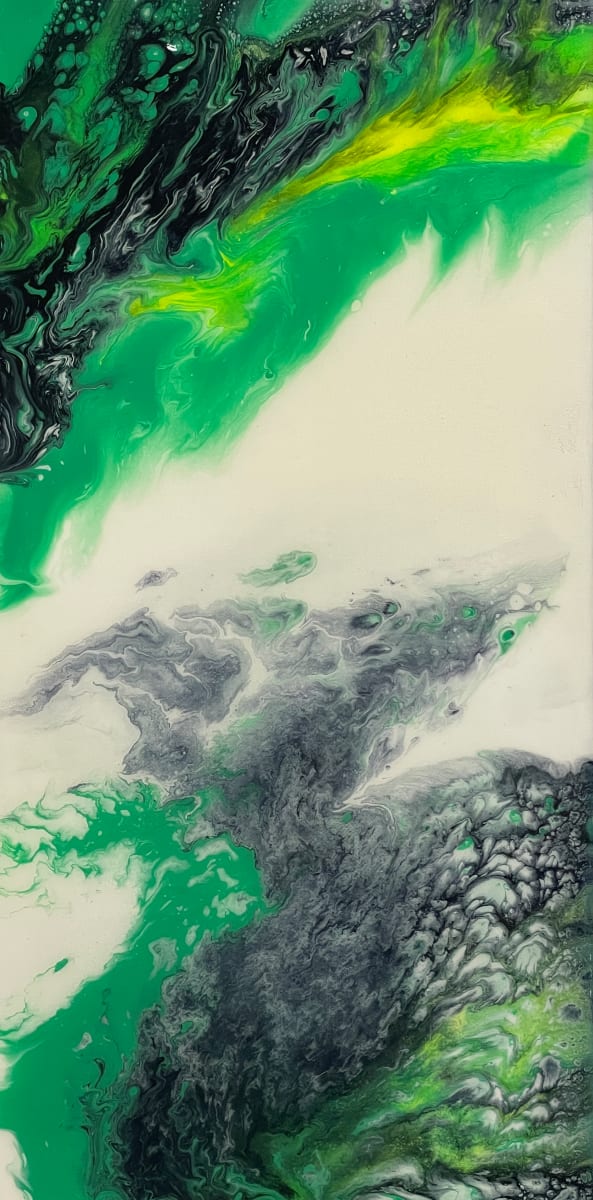 Emerald Tempest by Will Schmahl  Image: This abstract painting presents a dynamic blend of deep emerald greens, vibrant yellow accents, and swirling shades of black and white. 