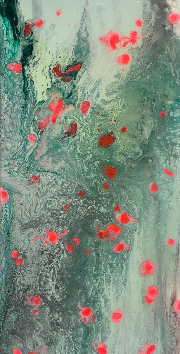 Ethereal Bloom by Will Schmahl  Image: This abstract painting evokes a dreamlike atmosphere with a fluid interplay of muted green, smoky grays, and delicate red splashes that resemble petals drifting in the wind. 