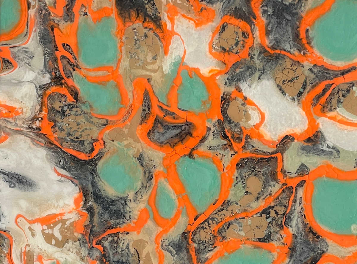 Molten Terrain by Will Schmahl  Image: This striking abstract composition resembles a fusion of geological formations and fluid energy, where earthy tones of brown, beige, and gray intertwine with pools of vibrant turquoise. 