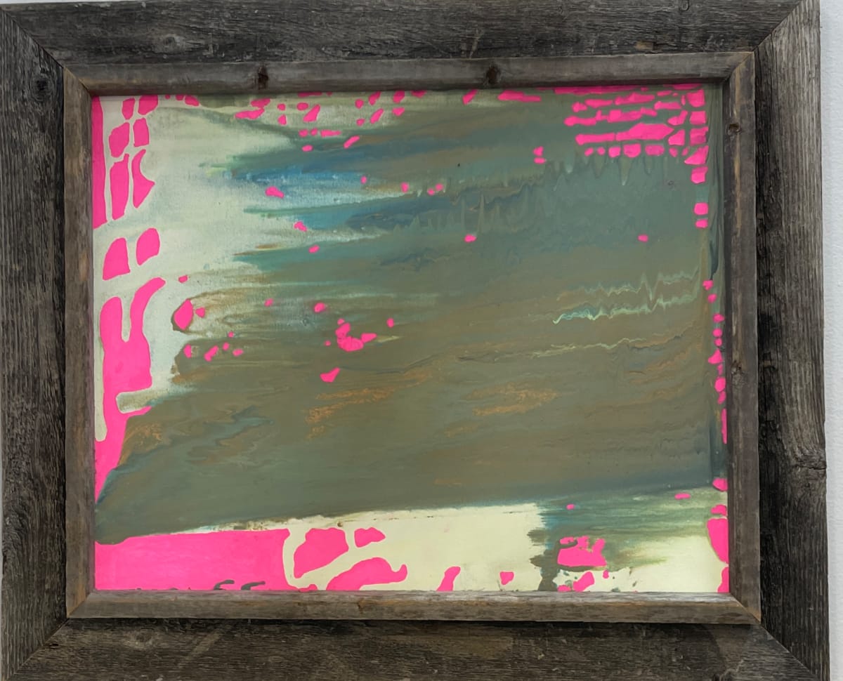 Fractured Glow by Will Schmahl  Image: Encased in a weathered wooden frame, “Fractured Glow” presents a striking contrast between muted earth tones and bursts of electric pink. 