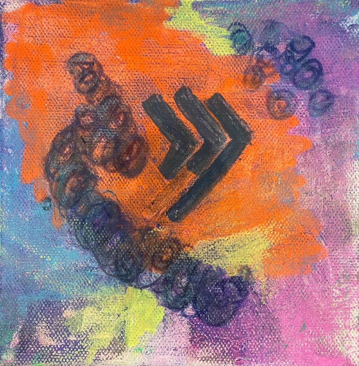 Echoes of Motion II by Will Schmahl  Image: 

A bold composition of vivid orange, purple, and blue forms the backdrop for a dynamic black chevron-like symbol, directing the viewer’s gaze forward. Swirling circular imprints, seemingly in motion, arc across the canvas, evoking themes of progression, repetition, or even coded messages. The textured layers and color gradations suggest an evolving narrative—perhaps a call to action or a moment of transition.

