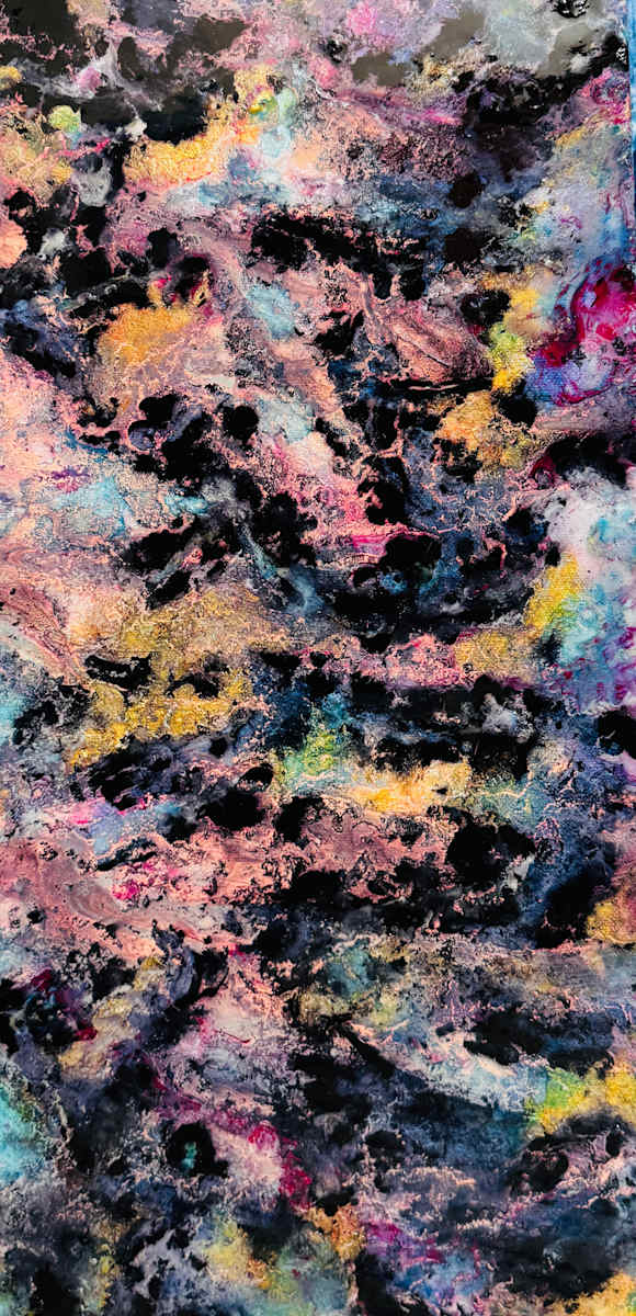 Cosmic Bloom by Will Schmahl  Image: A celestial garden of pastel blues, pinks, and golds, bursting across a dark, star-speckled void.