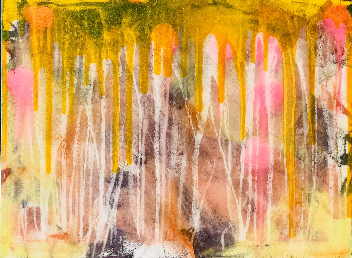Autumn Pulse by Will Schmahl  Image: 
“Autumn Pulse” captures the essence of fall’s vibrant transition, with warm golds, oranges, and reds blending into a textured, energetic display. The bold vertical strokes suggest the fleeting motion of trees shedding their leaves or tall grasses swaying in the wind, contrasting against the more delicate background. The infusion of pinks and yellows adds a touch of playfulness, highlighting the season’s rich warmth and constant change. This piece embodies the heartbeat of autumn, a season alive with color, movement, and transformation.