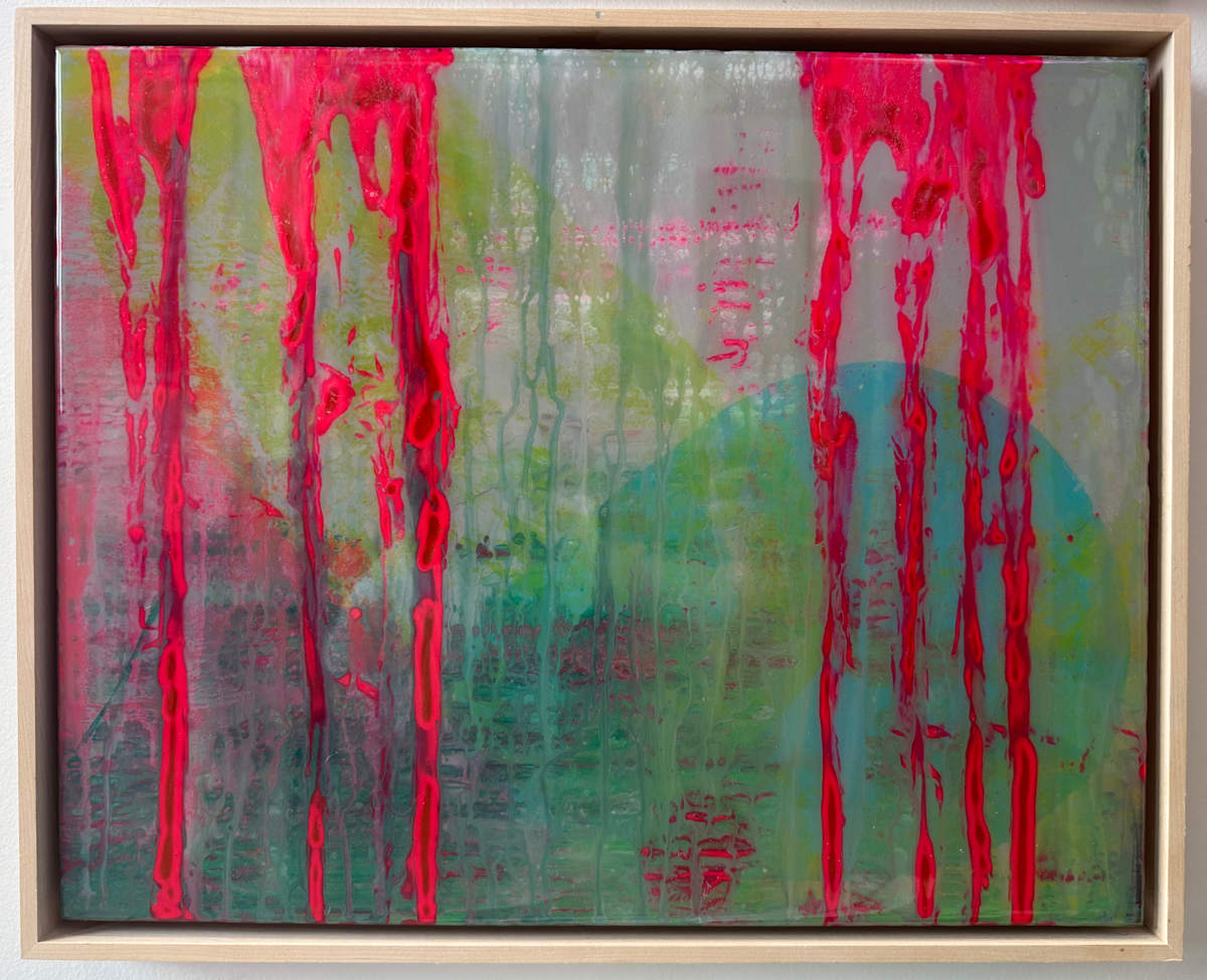 Neon Reverie by Will Schmahl  Image: A hypnotic fusion of vibrant energy and subtle transparency, “Neon Reverie” pulses with electric intensity. Streaks of bold, dripping red cut through a delicate pastel landscape of lime green, soft pinks, and ethereal yellows, creating a striking contrast between raw emotion and dreamlike serenity. 