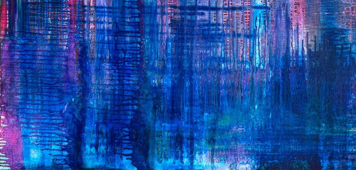 Dissolving Echoes by Will Schmahl  Image: This piece feels like a layered memory, a reflection blurred by time and movement. The deep blues and purples cascade down the canvas like streaks of rain on a glass surface, distorting whatever lies beyond. The subtle horizontal lines and grid-like textures beneath the surface give the impression of something structured—perhaps a cityscape, a digital signal, or an emotional imprint—slowly dissolving into abstraction.


