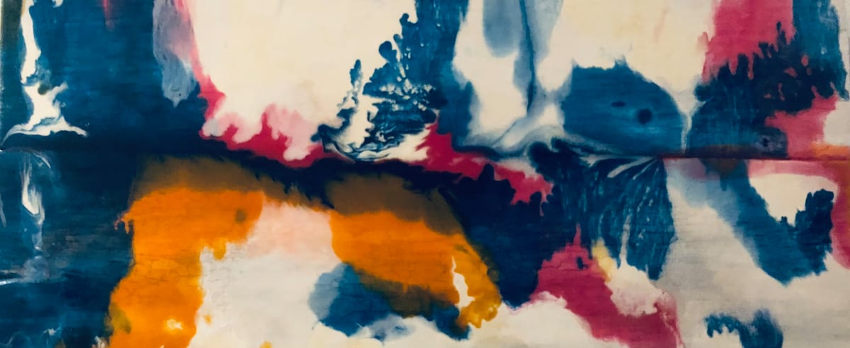 Breaking Waves by Will Schmahl  Image: A fluid interplay of deep indigo, warm amber, and soft crimson unfolds across the canvas, evoking the rhythmic movement of waves crashing and receding. 