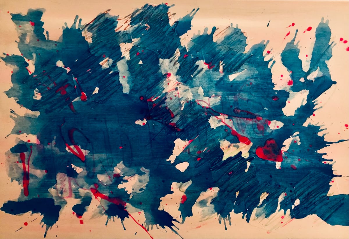 Fractured Current by Will Schmahl  Image: This piece captures an explosive moment of energy—chaotic, raw, and unapologetically bold. Deep blue ink bursts outward in erratic splatters, resembling a turbulent ocean wave colliding with an unseen force. The underlying strokes and textures create a layered depth, as if thoughts, emotions, or memories are being shredded and scattered across the canvas.

Amidst the blue, sharp streaks and droplets of red punctuate the composition, almost like veins of intensity cutting through the storm. The beige-toned background softens the aggression slightly, making the composition feel like a frozen instant in time—a visual echo of movement, destruction, or transformation.

It carries a visceral quality, evoking themes of struggle, release, and unpredictability, much like an emotional surge that has finally erupted. It invites the viewer to feel rather than interpret, to let the piece wash over them like a wave of instinctual expression.

