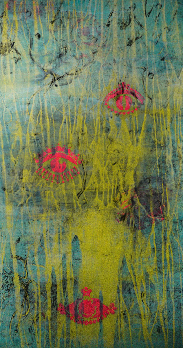 Submerged Visions by Will Schmahl  Image: An ethereal blend of deep blues, muted yellows, and streaks of dripping texture gives this abstract piece the sensation of being underwater or lost in a dreamlike haze. 