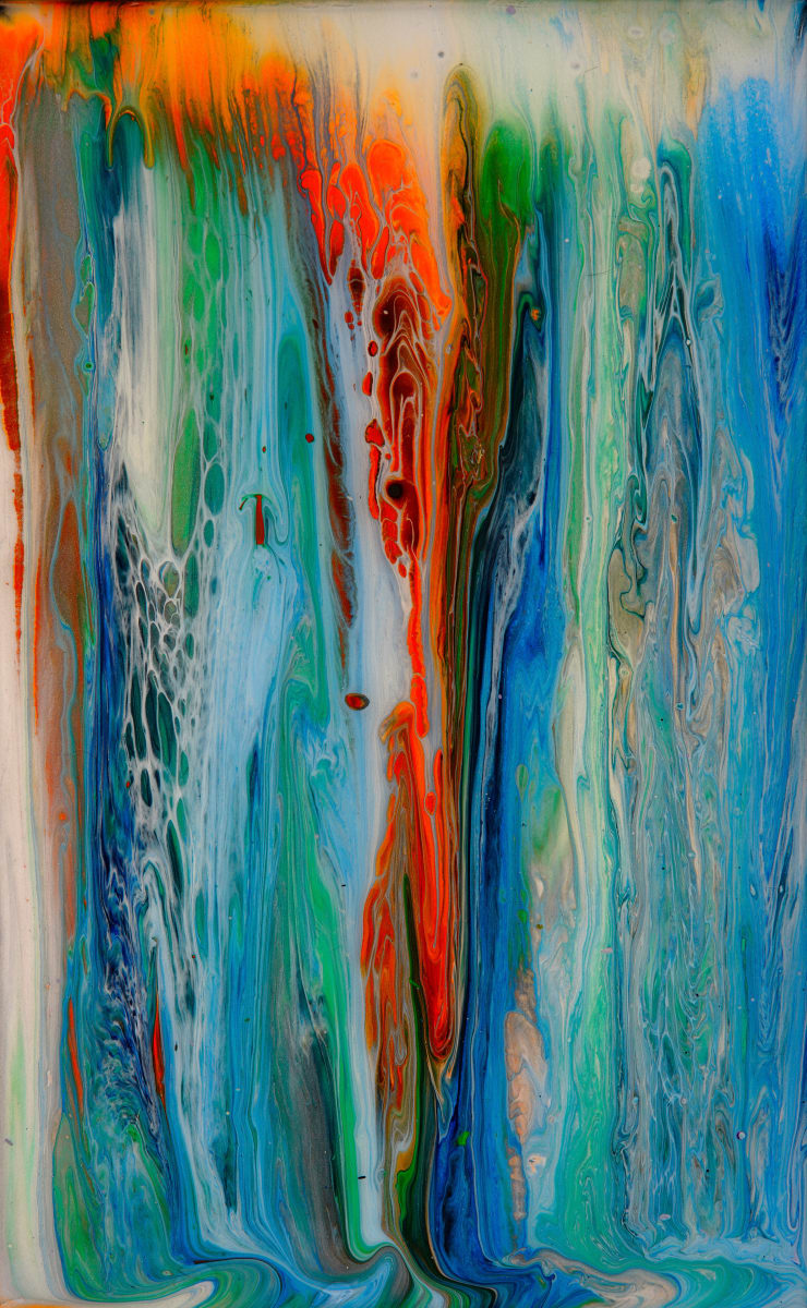 Waterfall of Fire and Ice II by Will Schmahl  Image: Building upon the same visual language, this piece intensifies the contrast, with fiery reds and oranges piercing through deep blues and greens, as if the elements themselves are in battle. 